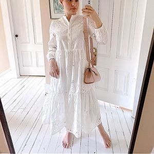 Zara Eyelet White Cotton Midi Dress - Size Medium